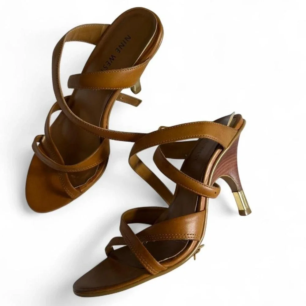 Nine West Leather Strappy Heels Caramel Tan Made in Brazil - Picture 4 of 6